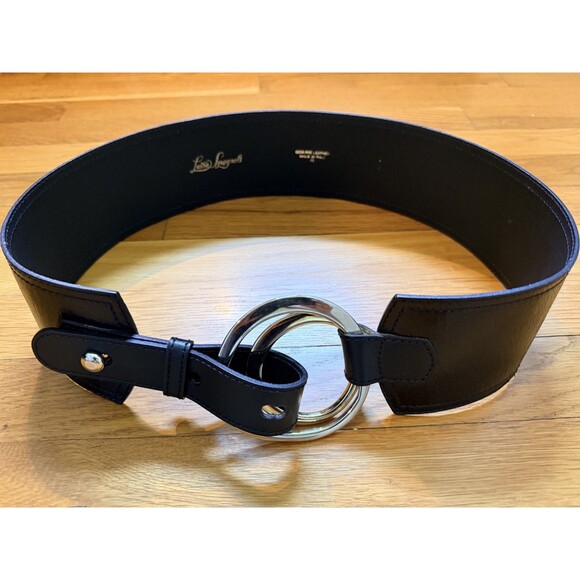 Luisa Spagnoli Wide Black Leather Waist Belt Silver Ring Italy Medium